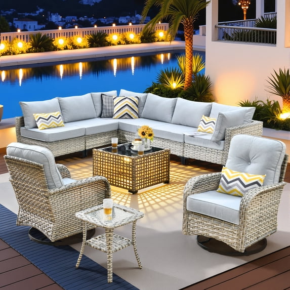 Vcatnet Outdoor Furniture 10 Pieces Patio Conversation Set All-Weather Rattan Wicker Outdoor Sectionals with Swivel Rocking Chair and Solar-Powered Coffee Table Gray