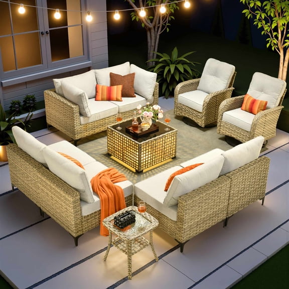 Vcatnet Outdoor Furniture 10 Pieces Patio Conversation Set All-Weather Rattan Wicker Outdoor Sectionals with Swivel Rocking Chair and Solar-Powered Coffee Table Gray