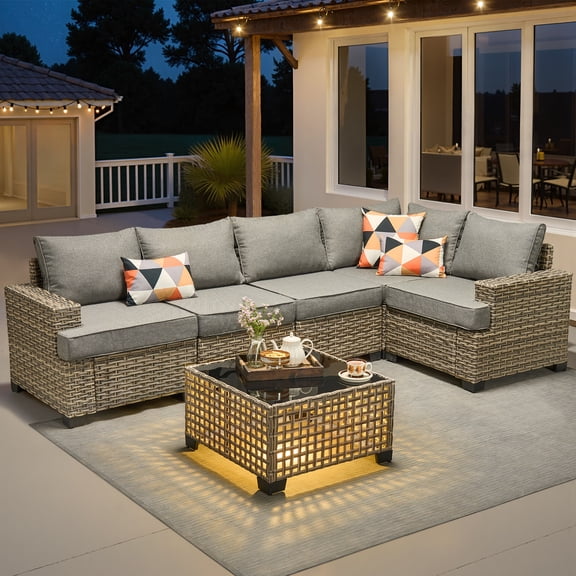 Vcatnet 6 Pieces Outdoor Patio Furniture Sectional Sofa PE Rattan Wicker Conversation Set with Solar Powered Coffee Table Dark Gray