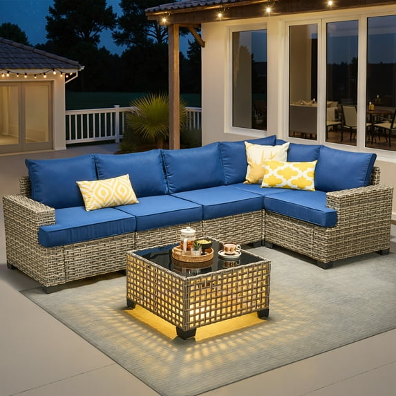 Vcatnet 6 Pieces Outdoor Patio Furniture Sectional Sofa PE Rattan Wicker Conversation Set with Solar Powered Coffee Table Navy Blue