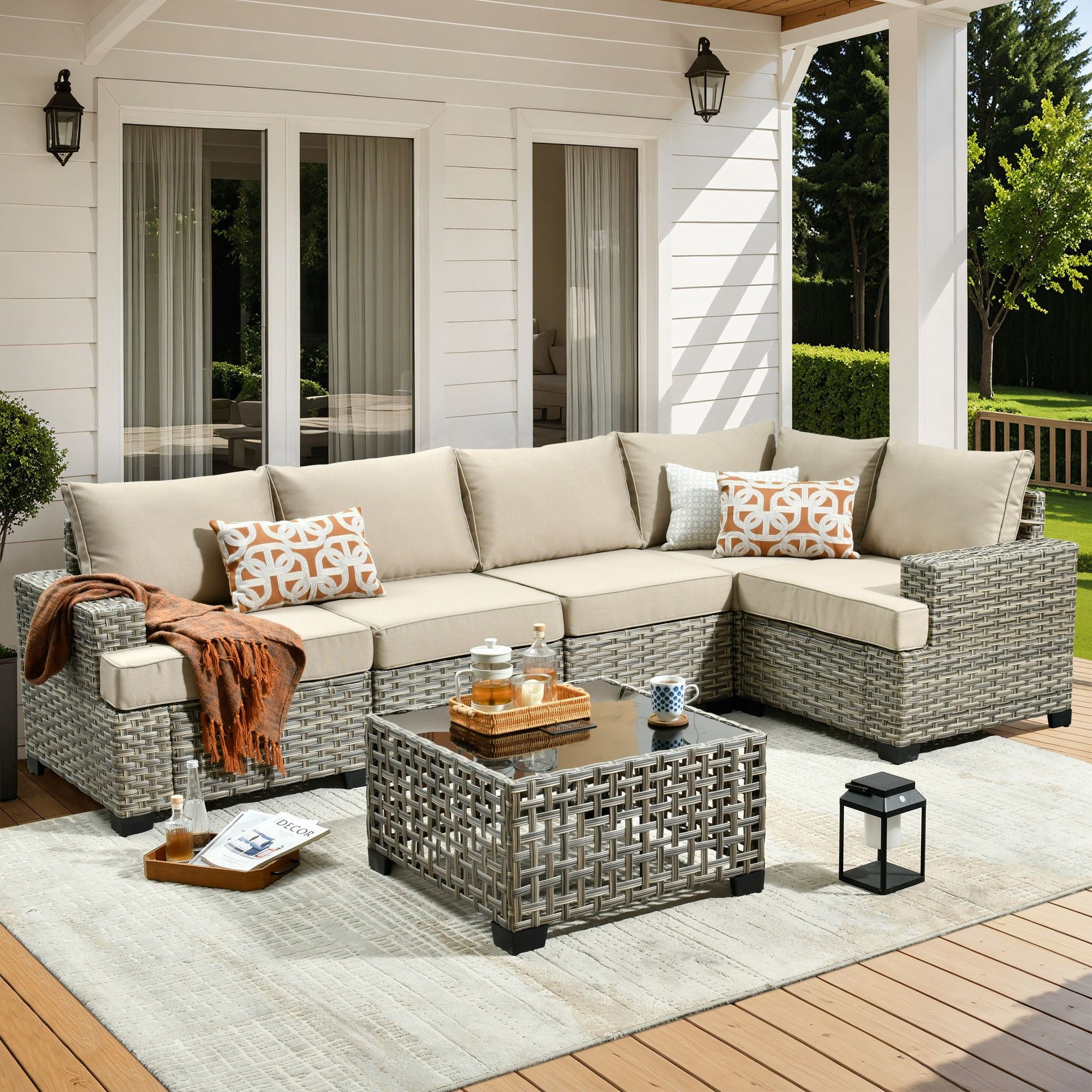 Beige Wicker 6-Person Outdoor Sectional Sofa Set with Cushions