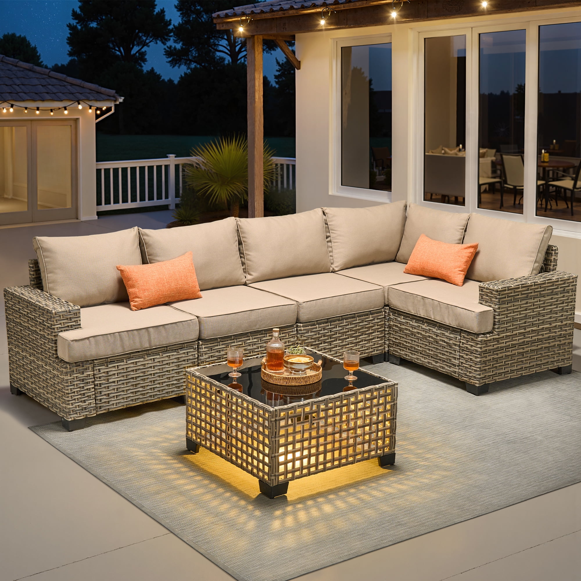 Vcatnet 6 Pieces Outdoor Patio Furniture Sectional Sofa PE Rattan Wicker Conversation Set with Solar Powered Coffee Table Beige