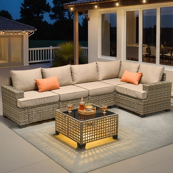 Vcatnet 6 Pieces Outdoor Patio Furniture Sectional Sofa PE Rattan Wicker Conversation Set with Solar Powered Coffee Table Beige