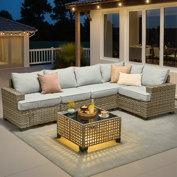 Vcatnet 6 Pieces Outdoor Patio Furniture Sectional Sofa PE Rattan Wicker Conversation Set with Solar Powered Coffee Table Gray