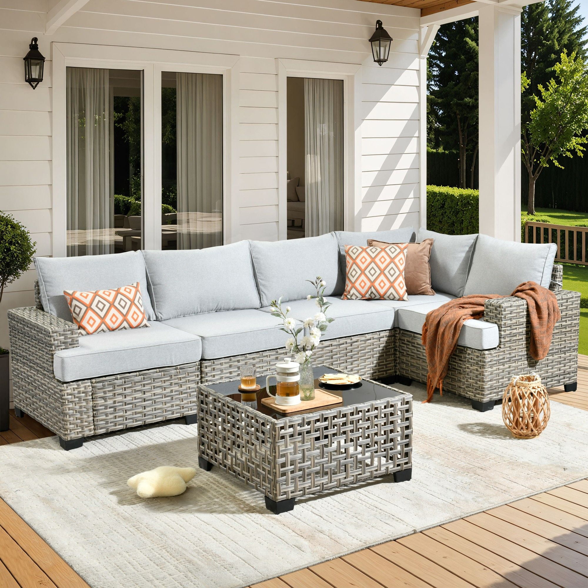 Gray Wicker 6-Person Outdoor Sectional Sofa Set with Cushions