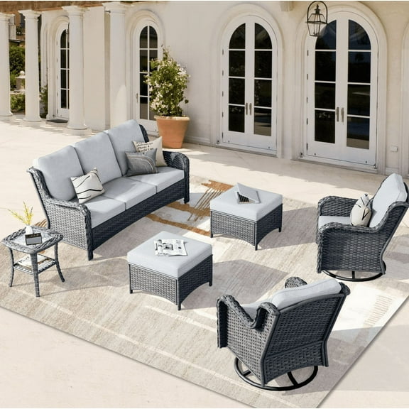 Vcatnet 6 Pieces Outdoor Patio Furniture Sectional Sofa All Weather Conversation Set with Swivel Rocking Chairs and Coffee Table for Garden,Poolside,Gray