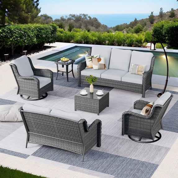 Vcatnet 6 Pieces Outdoor Patio Furniture Sectional Sofa All Weather Conversation Set with Swivel Rocking Chairs and Coffee Table for Garden,Poolside,Gray