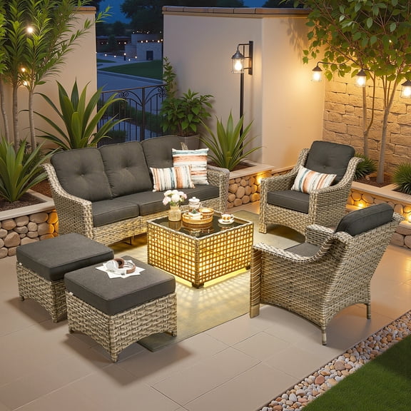 Vcatnet 6 Pieces Outdoor Patio Furniture Sets High Back All-Weather Wicker Patio Conversation Set with Ottomans & Solar Light Coffee Table, Black