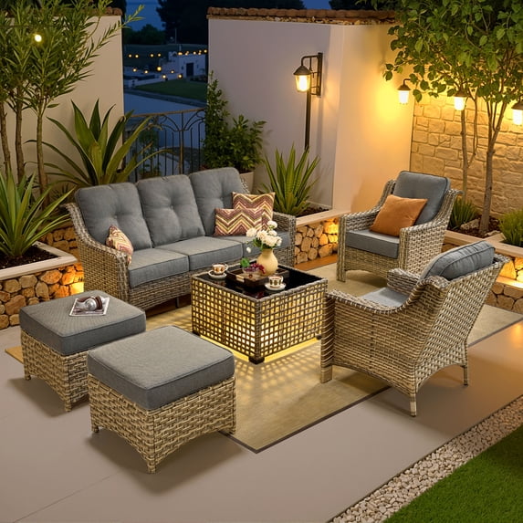 Vcatnet 6 Pieces Outdoor Patio Furniture Sets High Back All-Weather Wicker Patio Conversation Set with Ottomans & Solar Light Coffee Table, Dark Gray