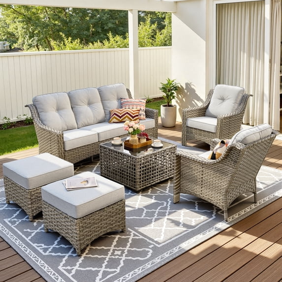 Vcatnet 6 Pieces Outdoor Patio Furniture Sets High Back All-Weather Wicker Patio Conversation Set with Ottomans & Solar Light Coffee Table, Gray