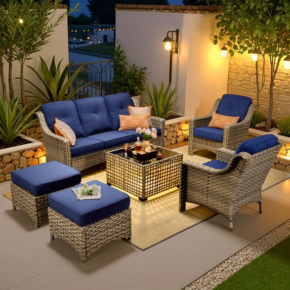 Vcatnet 6 Pieces Outdoor Patio Furniture Sets High Back All-Weather Wicker Patio Conversation Set with Ottomans & Solar Light Coffee Table, Navy Blue