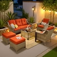 thumbnail image 1 of Vcatnet 6 Pieces Outdoor Patio Furniture Sets High Back All-Weather Wicker Patio Conversation Set with Ottomans & Solar Light Coffee Table, Orange Red, 1 of 10