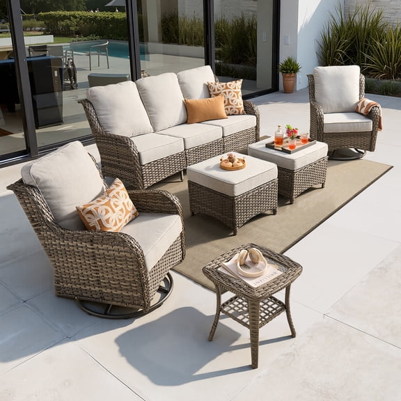 Vcatnet 6 Pieces Outdoor Patio Furniture Wicker High-Back Conversation Set with Swivel Rocking Chairs and Ottoman, Gray