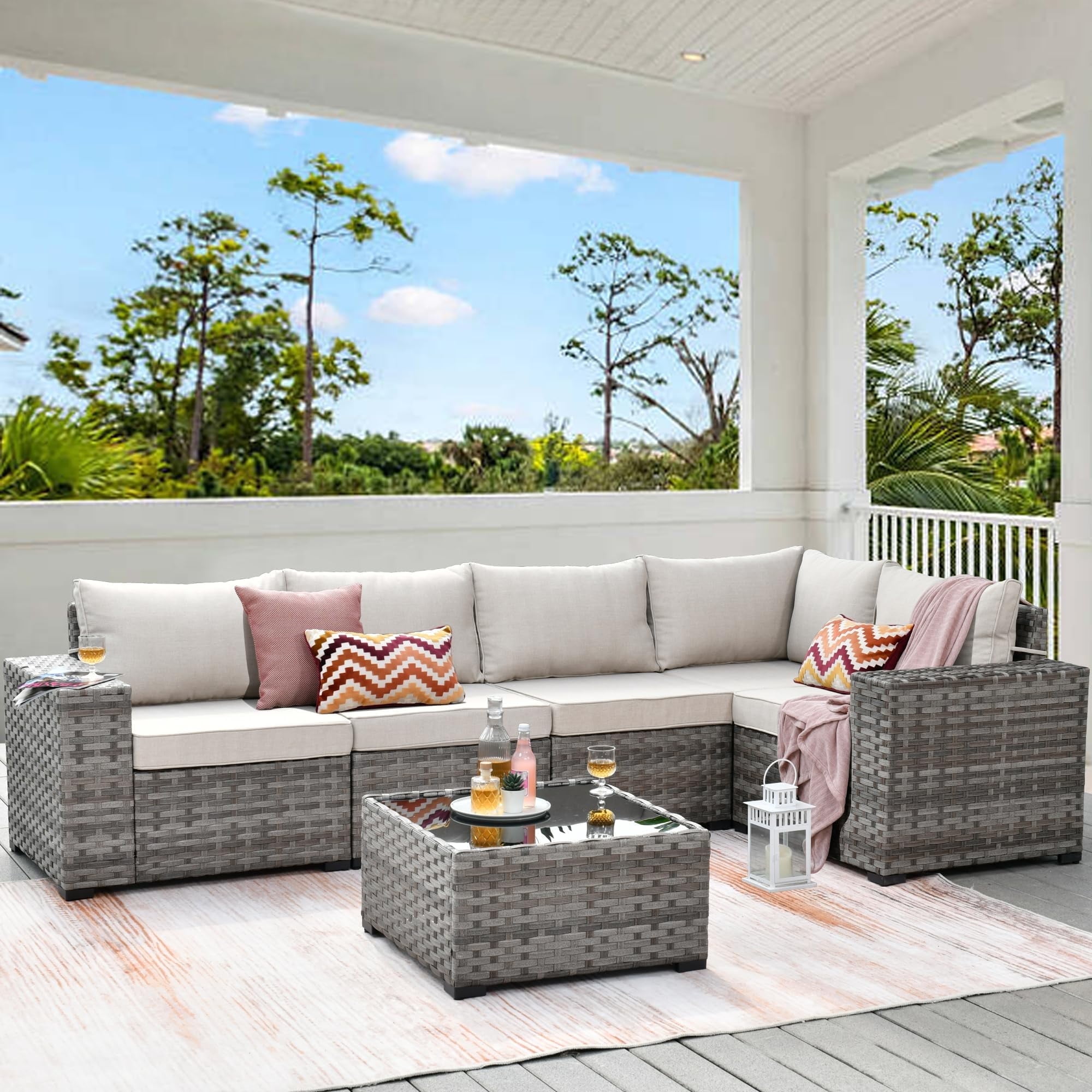 Vcatnet 6 Pieces Patio Furniture Outdoor Sectional Sofa Wicker Conversation Set with Coffee Table for Garden,Poolside,Beige