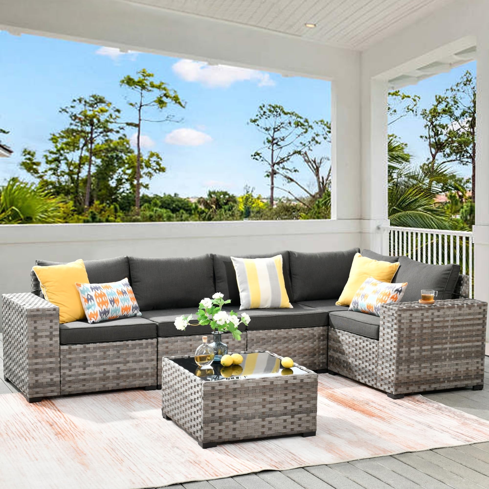 Vcatnet 6 Pieces Patio Furniture Outdoor Sectional Sofa Wicker Conversation Set with Coffee Table for Garden,Poolside,Black