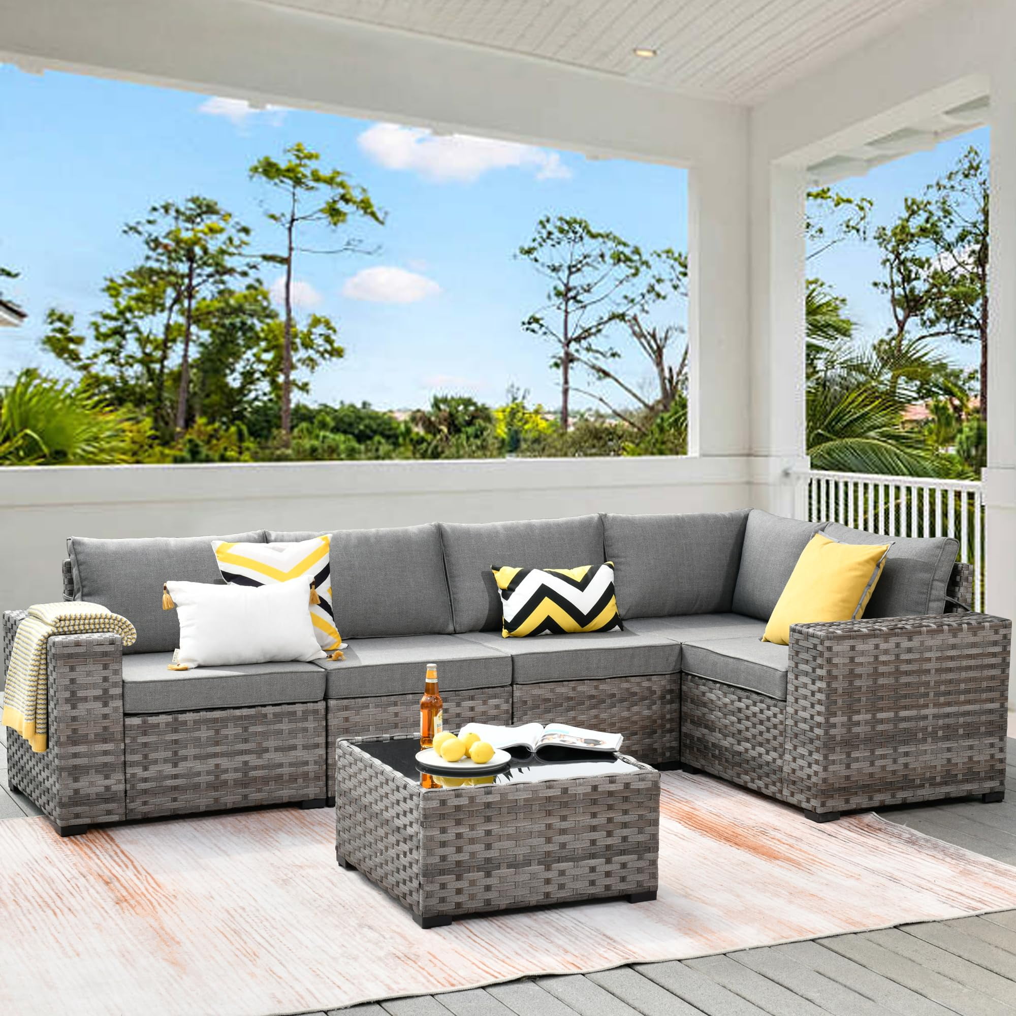 Vcatnet 6 Pieces Patio Furniture Outdoor Sectional Sofa Wicker Conversation Set with Coffee Table for Garden,Poolside,Dark gray