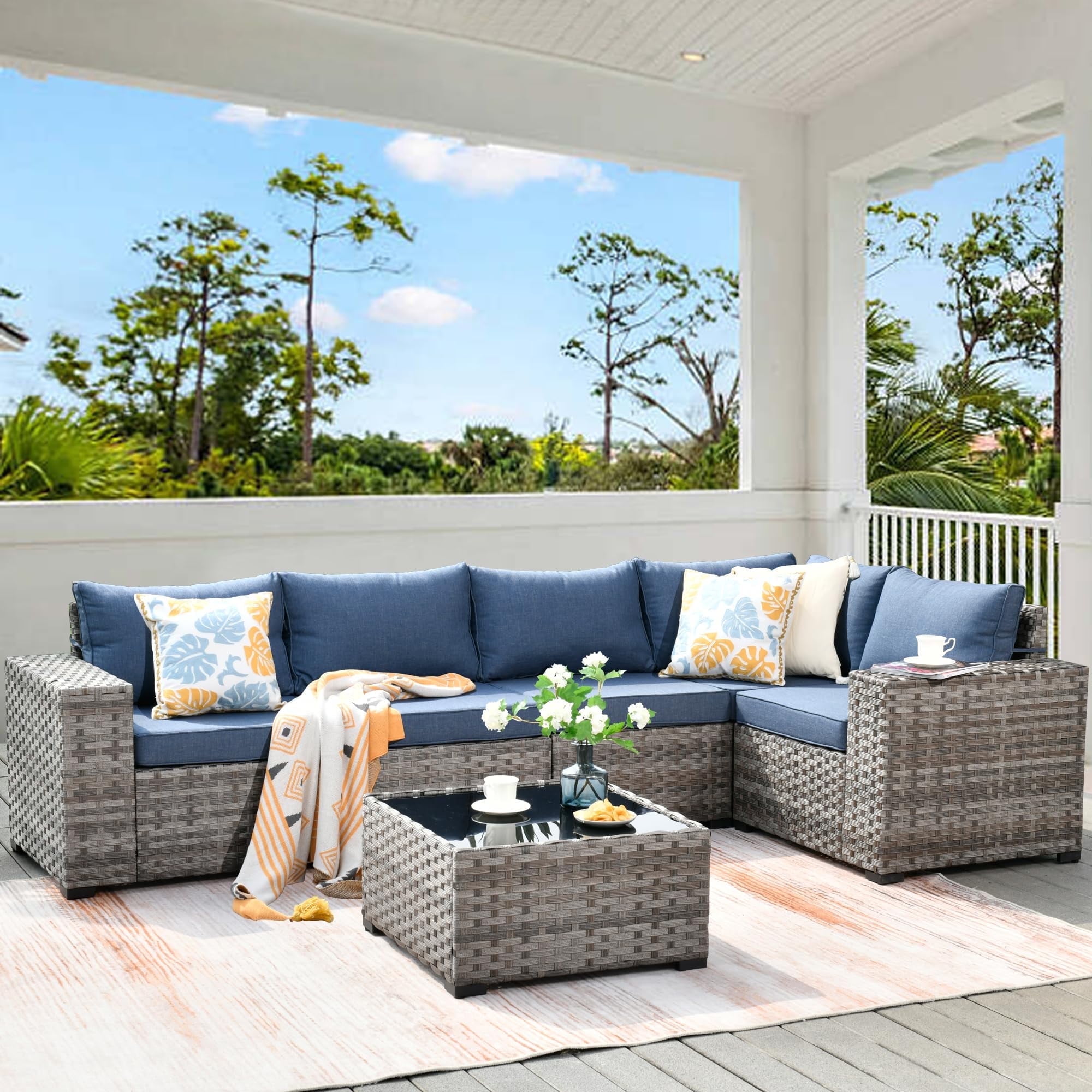 Vcatnet 6 Pieces Patio Furniture Outdoor Sectional Sofa Wicker Conversation Set with Coffee Table for Garden,Poolside,Denim blue
