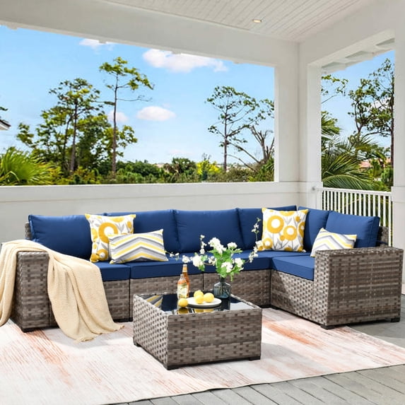 Vcatnet 6 Pieces Patio Furniture Outdoor Sectional Sofa Wicker Conversation Set with Coffee Table for Garden,Poolside,Navy blue