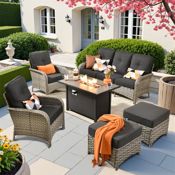 Vcatnet 6 Pieces Patio Furniture Outdoor Sectional Sofa Wicker High Back Conversation Set with Fire Pit Table and Ottoman for Garden, Poolside, Black