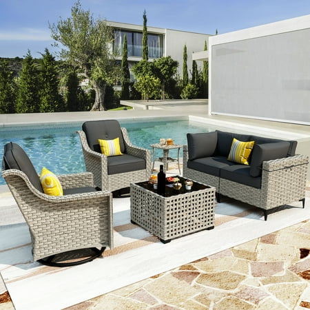 Vcatnet 6 Pieces Patio Outdoor Conversation Set All Weather Wicker Furniture Swivel Rocking Chairs Sofa Set with Solar Lamp Coffee Table,Black