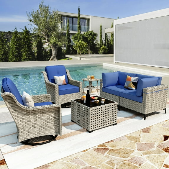 Vcatnet 6 Pieces Patio Outdoor Conversation Set All Weather Wicker Furniture Swivel Rocking Chairs Sofa Set with Solar Lamp Coffee Table,Navy Blue