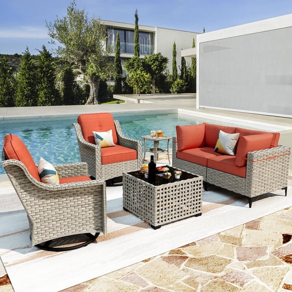 Vcatnet 6 Pieces Patio Outdoor Conversation Set All Weather Wicker Furniture Swivel Rocking Chairs Sofa Set with Solar Lamp Coffee Table,Coarse Orange Red