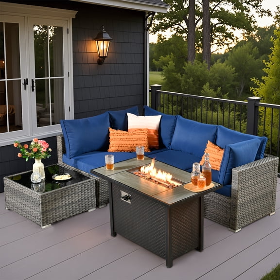 Vcatnet 6 Pieces Outdoor Patio Furniture with Fire Pit, Wicker Outdoor Conversation Set, Outdoor Sectional with Coffee Table, Navy Blue