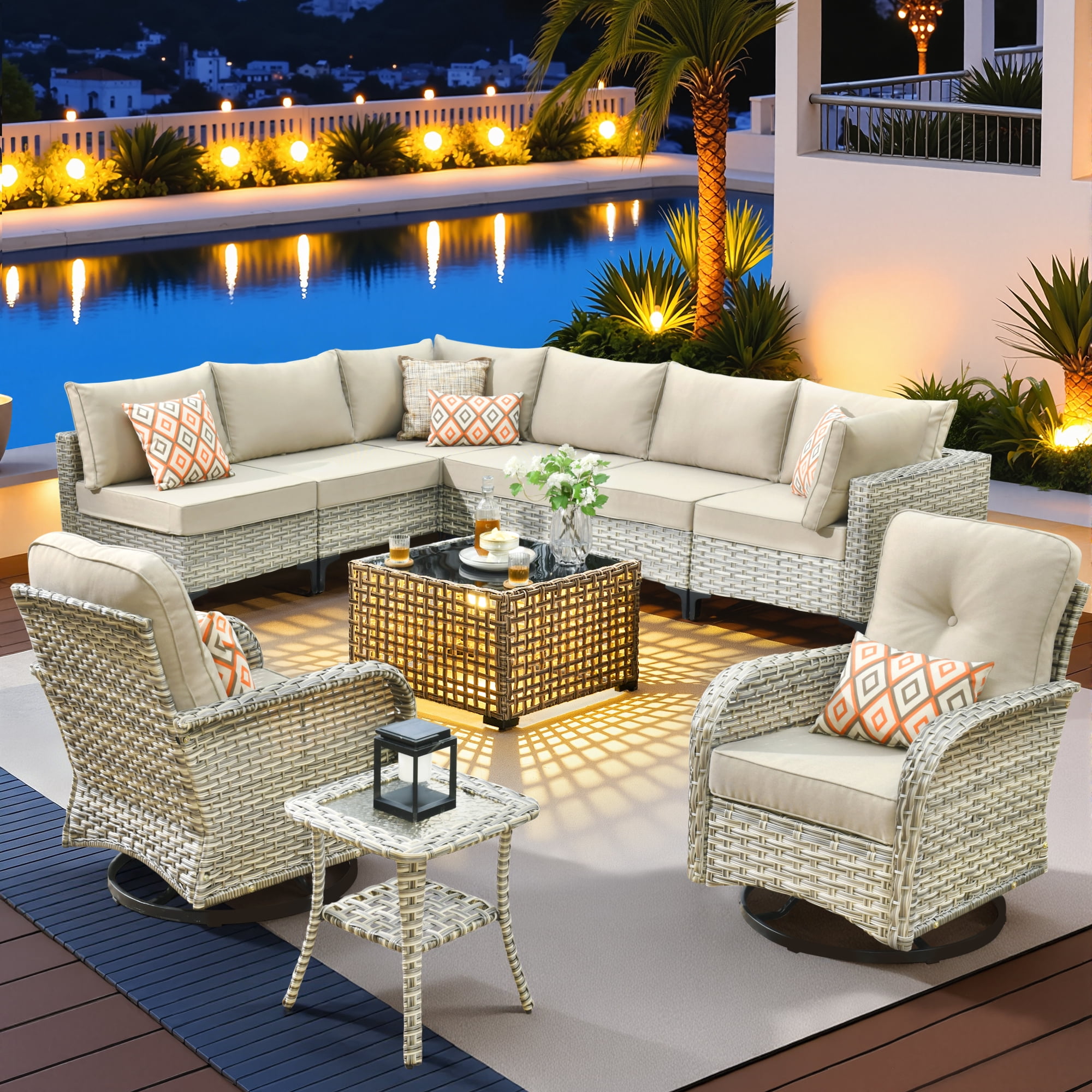 Vcatnet Outdoor Furniture 10 Pieces Patio Conversation Set All-Weather Rattan Wicker Outdoor Sectionals with Swivel Rocking Chair and Solar-Powered Coffee Table Beige