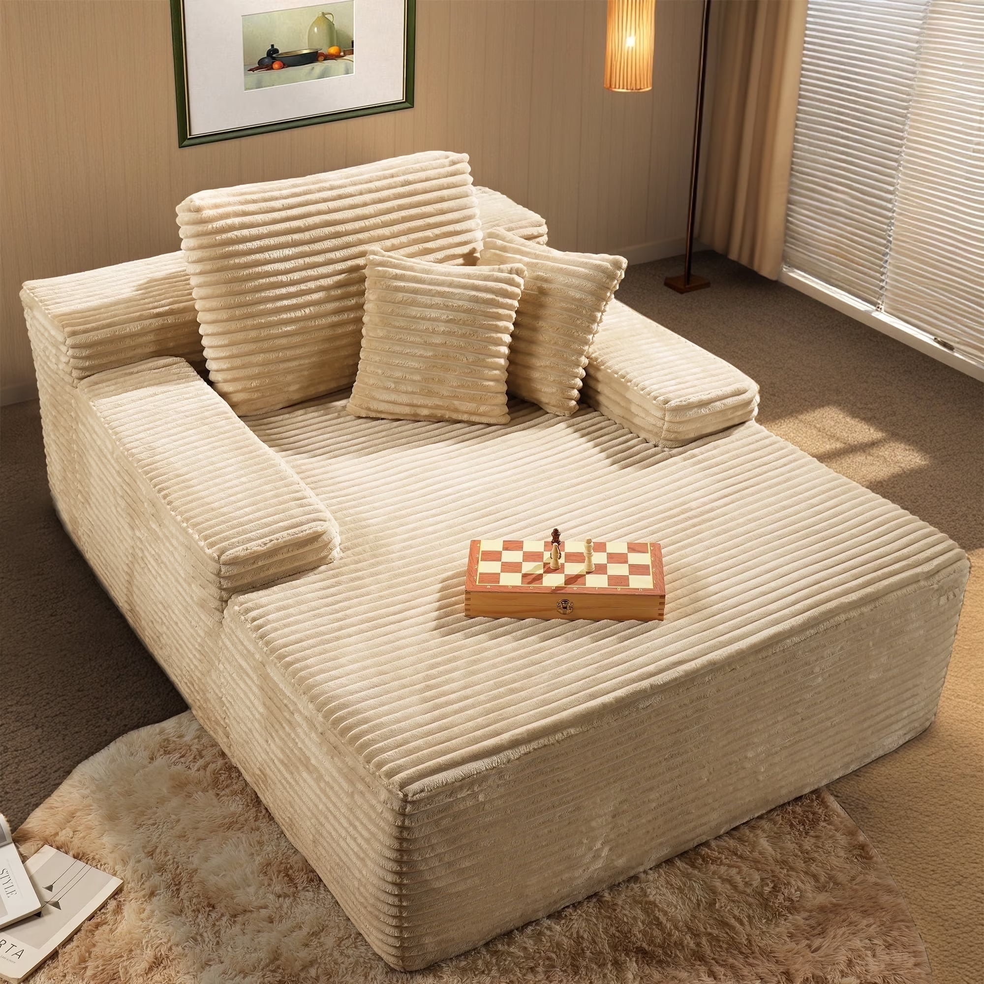Vcatnet 67"x48" Chaise Lounge Chair Indoor Oversized Lounge Couch Upholstered Corduroy Sofa Bed for Living Room and Bedroom, Beige