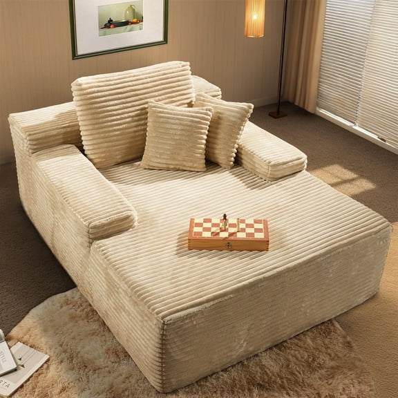 Vcatnet 67"x48" Chaise Lounge Chair Indoor Oversized Lounge Couch Upholstered Corduroy Sofa Bed for Living Room and Bedroom, Beige