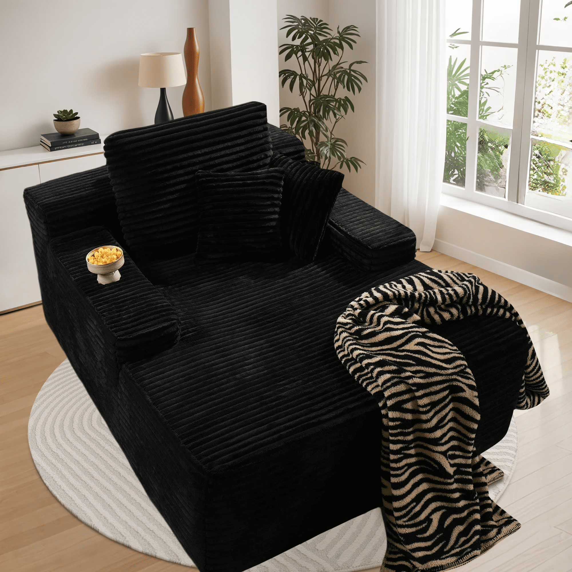 Vcatnet 67"x48" Chaise Lounge Chair Indoor Oversized Lounge Couch Upholstered Corduroy Sofa Bed for Living Room and Bedroom, Black