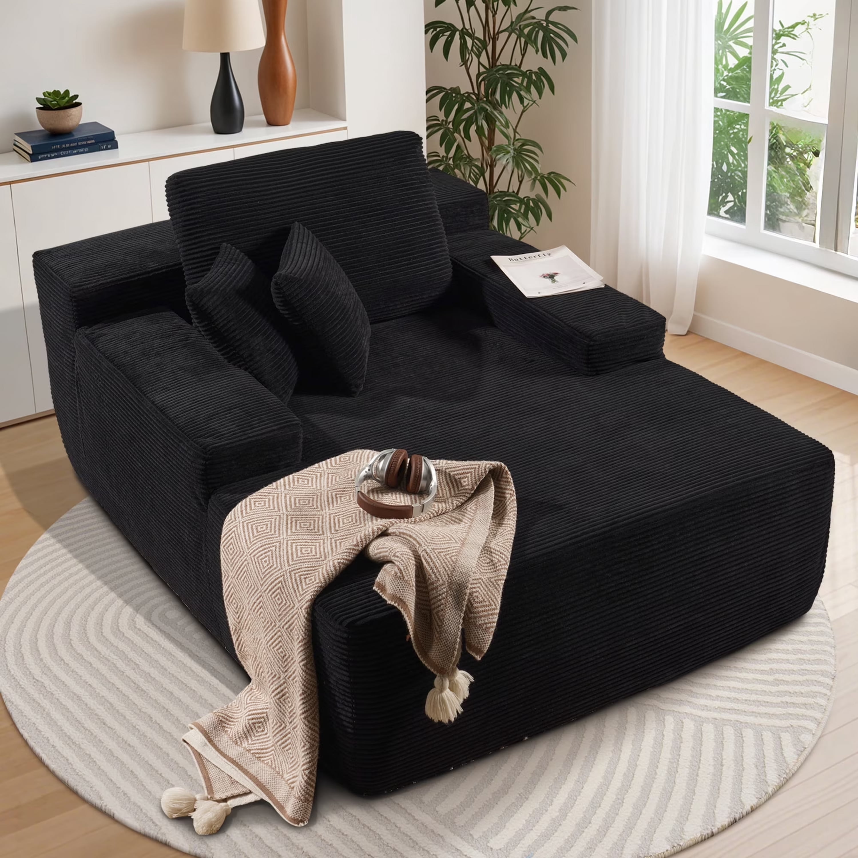 Vcatnet 67"x48" Chaise Lounge Chair Indoor Oversized Lounge Couch Upholstered Corduroy Sofa Bed for Living Room and Bedroom, Black