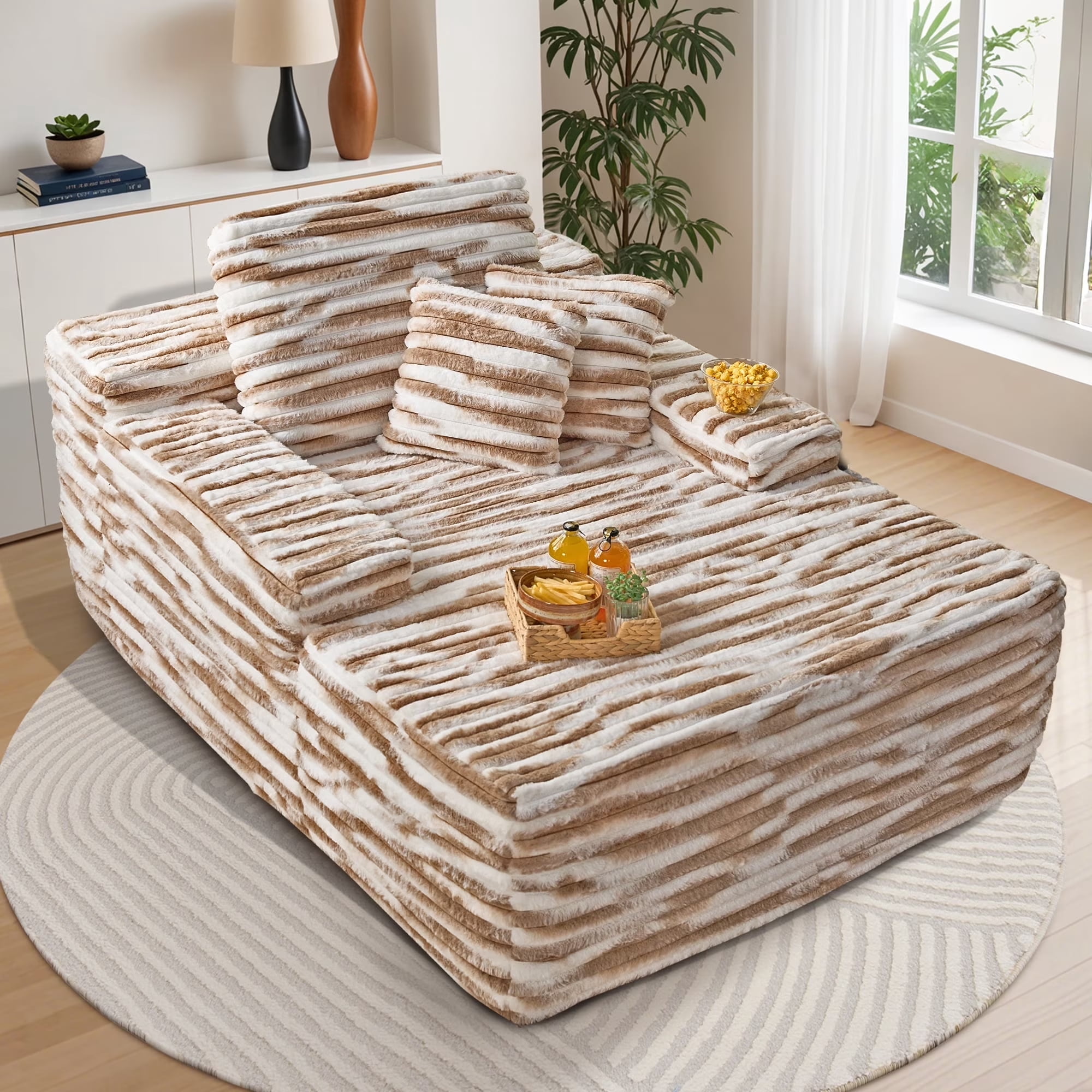 Vcatnet 67"x48" Chaise Lounge Chair Indoor Oversized Lounge Couch Upholstered Corduroy Sofa Bed for Living Room and Bedroom, Brown and White Stripes