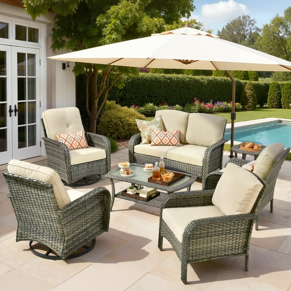 Vcatnet 7 Pieces Outdoor Conversation Set High Back Sectional All Weather Wicker Patio Furniture with Swivel Glider Chairs & Coffee Table, Beige