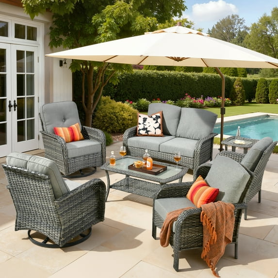Vcatnet 7 Pieces Outdoor Conversation Set High Back Sectional All Weather Wicker Patio Furniture with Swivel Glider Chairs & Coffee Table, Dark Gray