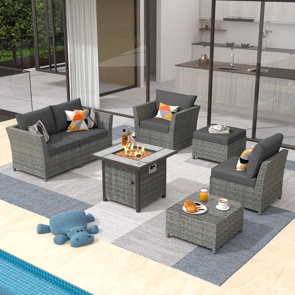 Vcatnet 7 Pieces Outdoor Patio Furniture Sectional Sofa All-weather Conversation Set with Fire Pit Table and Coffee Table for Porch, Backyard, Black
