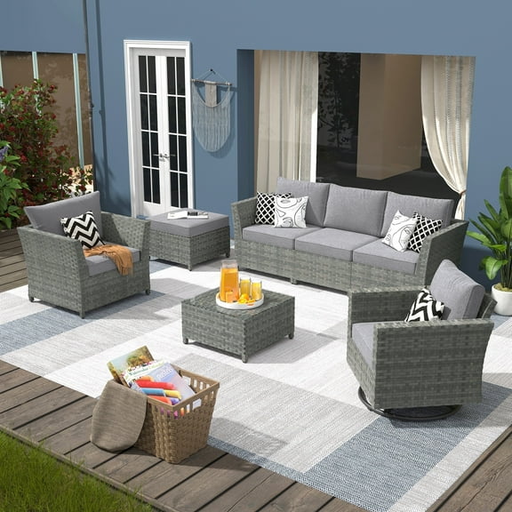 Vcatnet 7 Pieces Outdoor Patio Furniture Sectional Sofa All-weather Wicker Conversation Set with Swivel Rocking Chair and Coffee Table for Porch, Backyard, Dark Gray