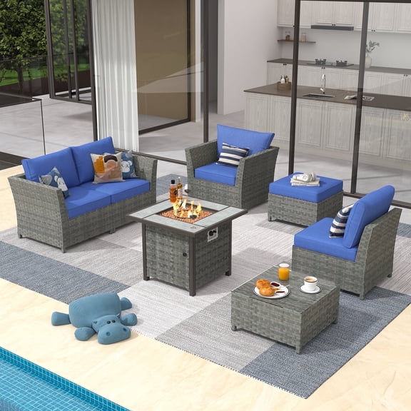 Vcatnet 7 Pieces Outdoor Patio Furniture Sectional Sofa All Weather Conversation Set with Fire Pit Table and Coffee Table for Porch, Backyard, Navy Blue