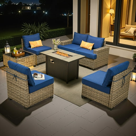 Vcatnet Outdoor Patio Furniture with Fire Pit, 7 Pieces Sectional Sofa, All Weather Wicker Conversation Set with Coffee Table Navy Blue