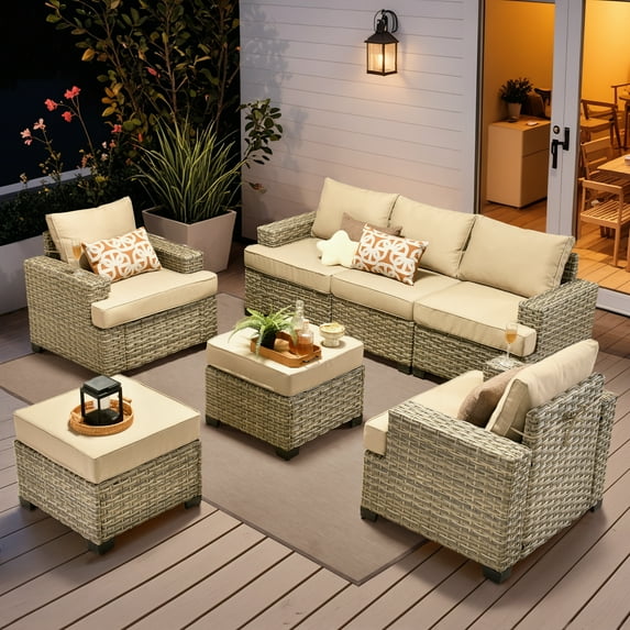 Vcatnet 7 Pieces Outdoor Patio Furniture Sectional Sofa Wicker Conversation Set with Ottomans Beige