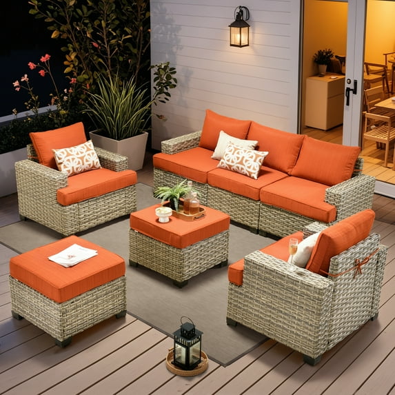 Vcatnet 7 Pieces Outdoor Patio Furniture Sectional Sofa Wicker Conversation Set with Ottomans Orange Red