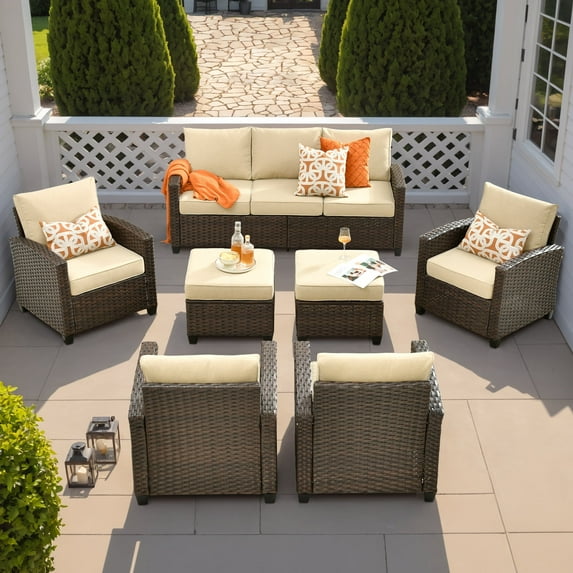 Vcatnet 7 Pieces Outdoor Patio Furniture Sets High Back Sectional Sofa PE Rattan Wicker Conversation Set with Ottoman for Porch,Backyard,Beige