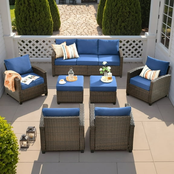 Vcatnet 7 Pieces Outdoor Patio Furniture Sets High Back Sectional Sofa PE Rattan Wicker Conversation Set with Ottoman for Porch,Backyard,Navy Blue