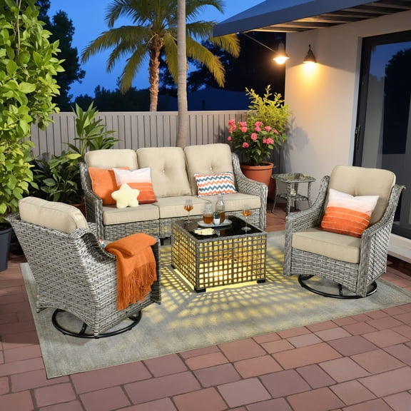 Vcatnet 5 Pieces Outdoor Patio Furniture Set High-Back Wicker Rattan Conversation Set Outdoor Sectional with Swivel Chairs and Coffee Table, Beige