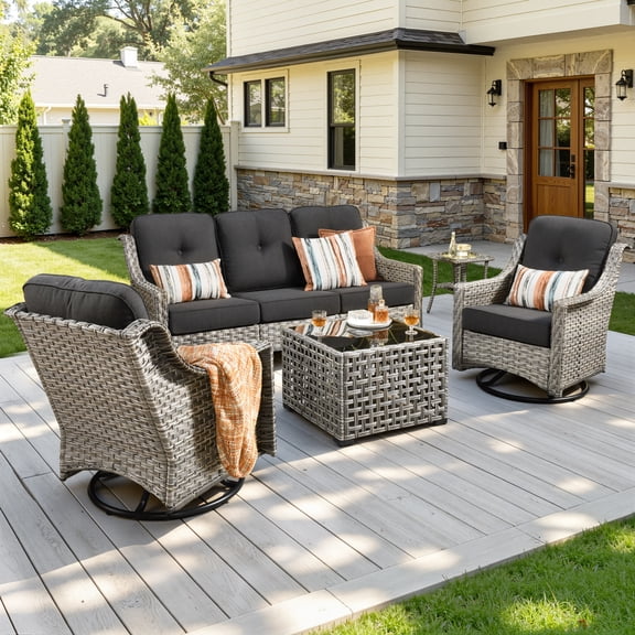 Vcatnet 5 Pieces Outdoor Patio Furniture Set High-Back Wicker Rattan Conversation Set Outdoor Sectional with Swivel Chairs and Coffee Table, Black