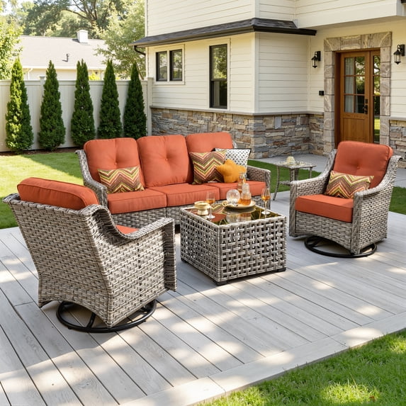 Vcatnet 5 Pieces Outdoor Patio Furniture Set High-Back Wicker Rattan Conversation Set Outdoor Sectional with Swivel Chairs and Coffee Table, Coarse Orange Red
