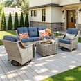 thumbnail image 1 of Vcatnet 5 Pieces Outdoor Patio Furniture Set High-Back Wicker Rattan Conversation Set Outdoor Sectional with Swivel Chairs and Coffee Table, Denim Blue, 1 of 11