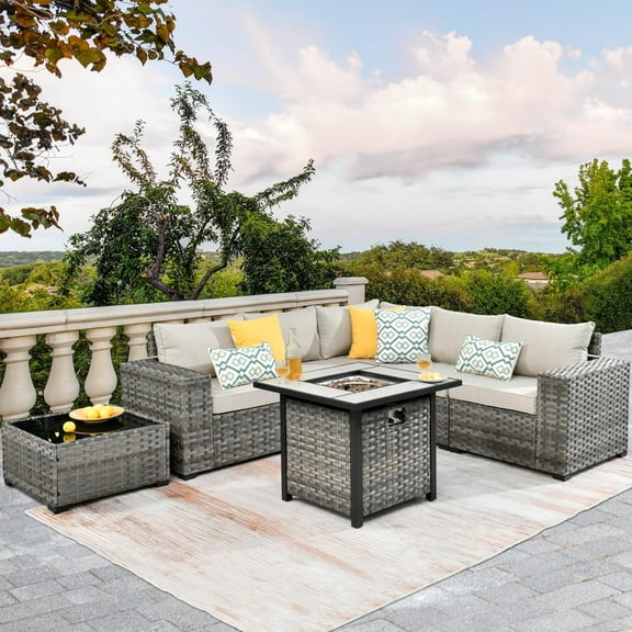 Vcatnet 7 Pieces Patio Furniture Outdoor Wicker Conversation Set with Fire Pit Table and Coffee Table,Beige