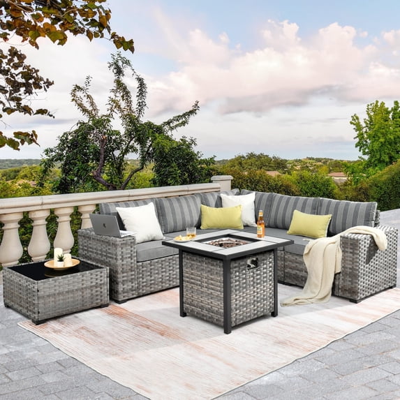 Vcatnet 7 Pieces Patio Furniture Outdoor Wicker Conversation Set with Fire Pit Table and Coffee Table,Gray Stripes