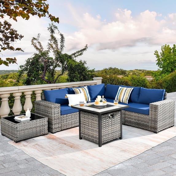 Vcatnet 7 Pieces Patio Furniture Outdoor Wicker Conversation Set with Fire Pit Table and Coffee Table,Navy Blue